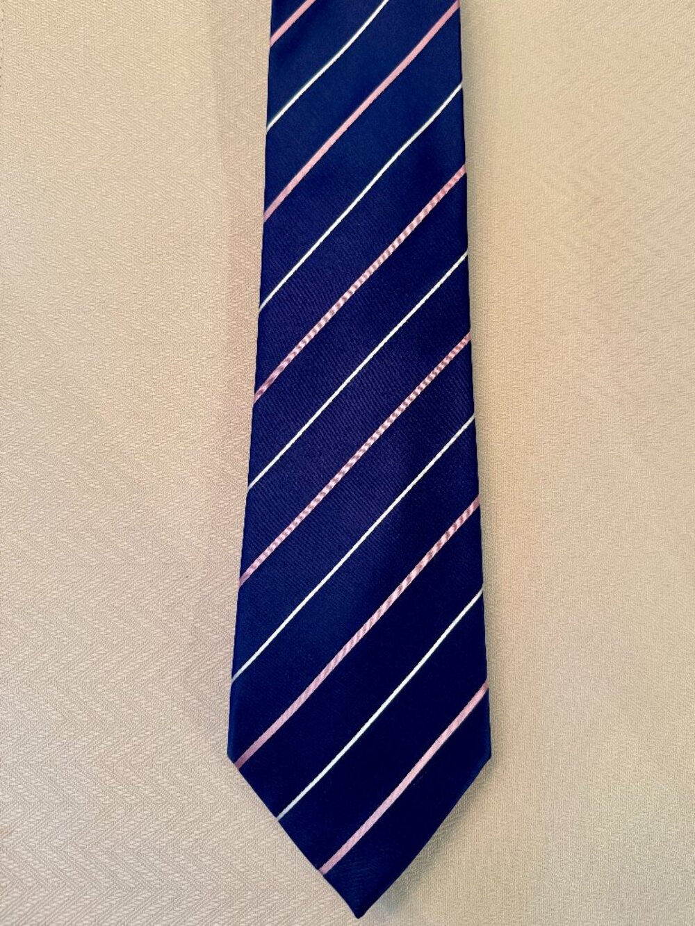 Kenneth Cole Reaction Men’s Silk Neck Tie – Navy Blue with Pink & White Stripes